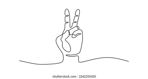 Hand two finger up gesture oneline continuous editable line art