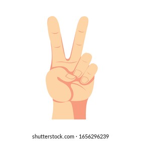Hand mit zwei Händen hoch, Symbol Sieg oder Friedenssymbol in Vektorillustration auf Cartoon-Flachbild einzeln auf weißem Hintergrund