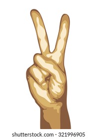 Hand with two fingers up isolated on white background. Vector illustration