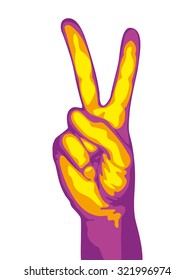 Hand with two fingers up isolated on white background. Vector illustration