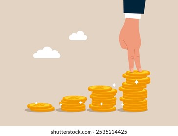 Mano con dos dedos encima de la pila de monedas de dinero. Éxito financiero, alcanzar la libertad financiera. Ilustración vectorial moderna en estilo plano