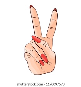 Hand with two fingers up in peace or victory symbol the sign for V letter in sign language. scissors gesture. Hand drawn cartoon vector illustration in comic pop art style isolated on white background