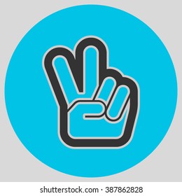 Hand with two fingers up in the peace or victory symbol. Vector peace sign. Peace and victory hand sign. Style is flat symbol. Black color.  Cyan circle  background.