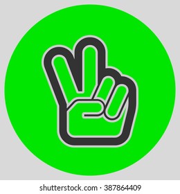 Hand with two fingers up in the peace or victory symbol. Vector peace sign. Peace and victory hand sign. Style is flat symbol. Black color.  Green circle  background.