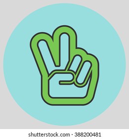 Hand with two fingers up in the peace or victory symbol. Vector peace sign. Peace and victory hand sign. Vector illustration with pantone colors of the year 2016 Green Flash and Limpet Shell.