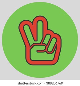 Hand with two fingers up in the peace or victory symbol. Vector peace sign. Peace and victory hand sign. Vector illustration with pantone colors of the year 2016 Fiesta and Green Flash.