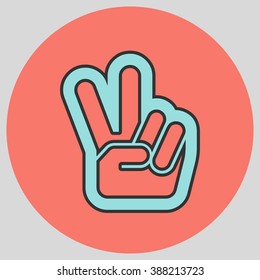 Hand with two fingers up in the peace or victory symbol. Vector peace sign. Peace and victory hand sign. Vector illustration with pantone colors of the year 2016 Limpet Shell and Peach Echo.