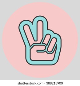 Hand with two fingers up in the peace or victory symbol. Vector peace sign. Peace and victory hand sign. Vector illustration with pantone colors of the year 2016 Limpet Shell and Rose Quartz.