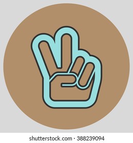 Hand with two fingers up in the peace or victory symbol. Vector peace sign. Peace and victory hand sign. Vector illustration with pantone colors of the year 2016 Limpet Shell and Iced Coffee.