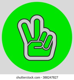 Hand with two fingers up in the peace or victory symbol. Vector peace sign. Peace and victory hand sign. Style is flat symbol. Silver color.  Green circle  background.