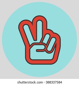 Hand with two fingers up in the peace or victory symbol. Vector peace sign. Peace and victory hand sign. Vector illustration with pantone colors of the year 2016 Fiesta and Limpet Shell.