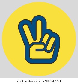 Hand with two fingers up in the peace or victory symbol. Vector peace sign. Peace and victory hand sign. Vector illustration with pantone colors of the year 2016 Snorkel Blue and Buttercup.
