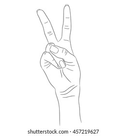 hand with two fingers raised up, black contour on a white background