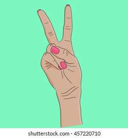 hand with two fingers raised up, color image on a green background