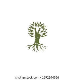 Mano con dos dedos arriba y árbol, follaje, silueta plana de ilustración vectorial, verde, textura de escoba