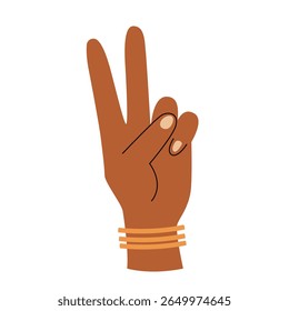 Hand with two fingers up. Flat illustration of victory hand sign. Hand drawn v sign.