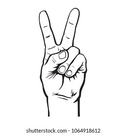 Hand with two fingers up, Victory or peace symbol, letter V in sign language, scissors gesture. Hand drawn vector illustration isolated on white background.