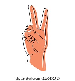 Hand with two fingers up.Victory and Peace Gesture Symbol Vector illustration isolated on white background.Peace symbol hand gesture cartoon style.Great design for print,icon,emblem and other uses