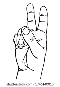 Hand with two protruding fingers. Black and white drawing. White background.