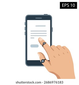 Una mano con dos anillos interactúa con un teléfono inteligente, tocando la pantalla.