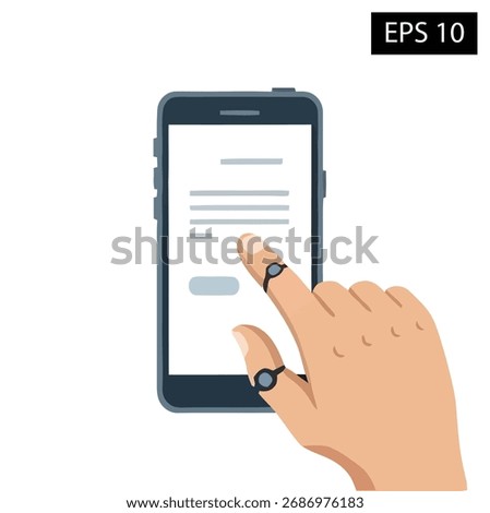 A hand with two rings interacts with a smartphone, tapping the screen.