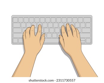 Tipos de mano en un teclado inalámbrico. Vista superior del lugar de trabajo. Ilustración del vector aislada en fondo blanco