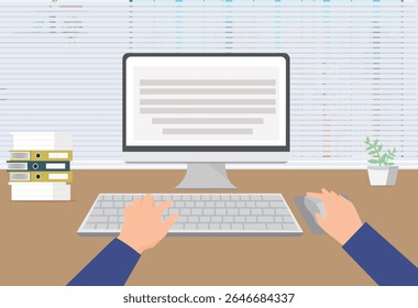 Hand typing computer laptop keyboard typing search browser typing gesture vector illustration front computer view