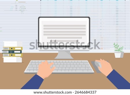Hand typing computer laptop keyboard typing search browser typing gesture vector illustration front computer view