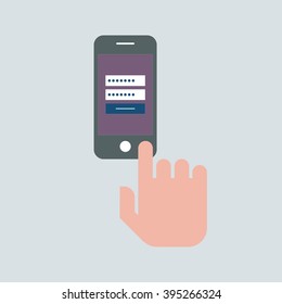 A hand typing login and password into smart telephone screen vector icon