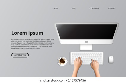 hand typing on keyboard all in one computer top view with a cup of coffee. landing page clean modern concept. work office, business, school, blogger, writer, professional.