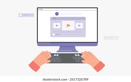Hand Typing on Keyboard Illustration with Computer Setup