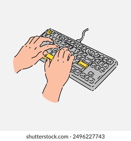 hand typing on the Keyboard in line art style with color. isolated on white background. hand drawn vector illustration.
