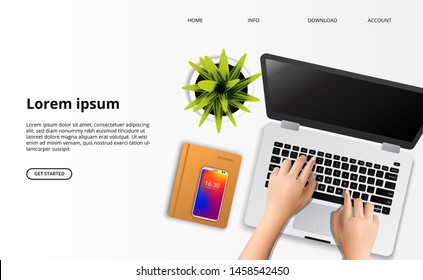 hand typing on the laptop with plant and notebook top view on the desk. business work home freelance professional banner landing page template