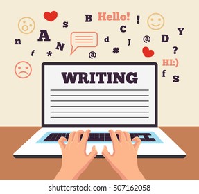 Hand typing on laptop. Social network. Vector flat cartoon illustration