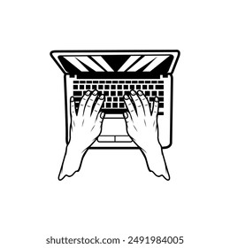 escritura a mano en la vista superior del ordenador portátil blanco y negro Vector arte de la línea