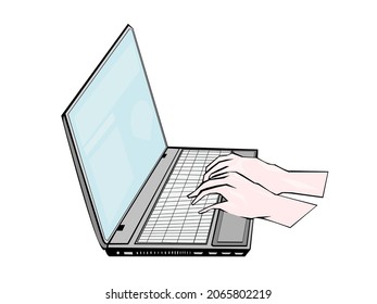hand typing on laptop vector technology painting drawing.