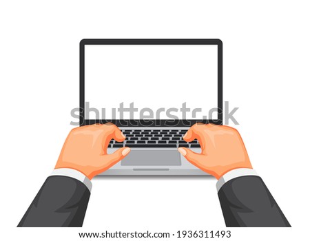 Hand typing on laptop, working or study using computer symbol concept in cartoon illustration vector isolated in white background
