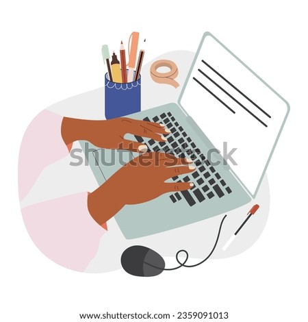 Hand typing on laptop. Writer workplace. Social network. Vector flat cartoon illustration
