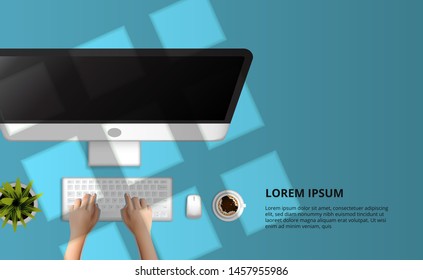 hand typing on modern computer top view on the blue desk background. business, work, freelance, blogger, writer, concept banner header illustration.