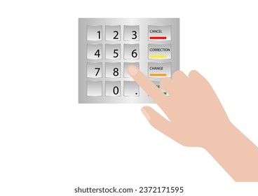 Hand Typing PIN code or Password on ATM Keypad to Withdraw Money from ATM- Automated Teller Machine. Paying and Withdrawing Money Concept.