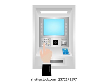 Hand Typing PIN code or Password on ATM Keypad to Withdraw Money from ATM- Automated Teller Machine. Paying and Withdrawing Money Concept.