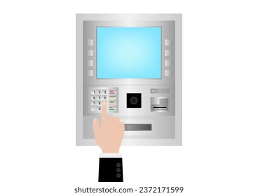 Hand Typing PIN code or Password on ATM Keypad to Withdraw Money from ATM- Automated Teller Machine. Paying and Withdrawing Money Concept.