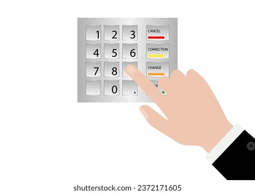 Hand Typing PIN code or Password on ATM Keypad to Withdraw Money from ATM- Automated Teller Machine. Paying and Withdrawing Money Concept.