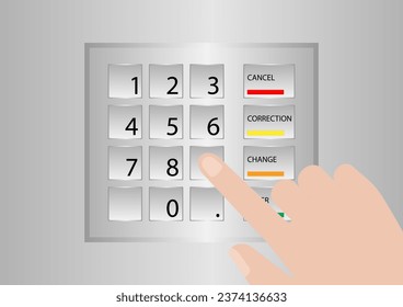 Hand Typing PIN code or Password on ATM Keypad to Withdraw Money from ATM- Automated Teller Machine. Paying and Withdrawing Money Concept.