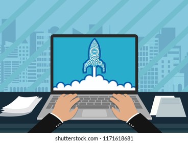hand typing white modern keyboard on notebook. Space Shuttle ejected from the computer screen. creative idea. business finance concept. Vector illustration