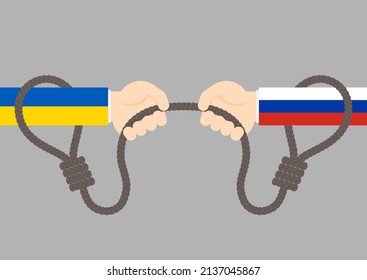 La mano de Ucrania y Rusia bandera jalar lazo de cuerda (juego de tira y afloja), concepto de guerra de crisis diplomática, ilustración de diseño plano aislada en fondo gris con espacio de copia, vectores eps 10