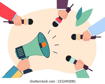 Hand of Ukrainian holding loudspeaker and surrounded by mics. Journalist asking about current events in country flat vector illustration. Message concept for banner, website design or landing web page