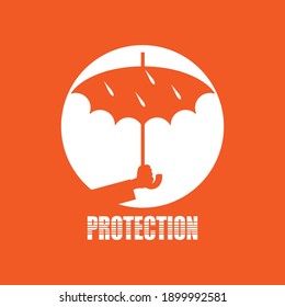 Hand with an umbrella and the inscription - protection. Round white icon, sign, symbol, emblem on orange background. Vector illustration