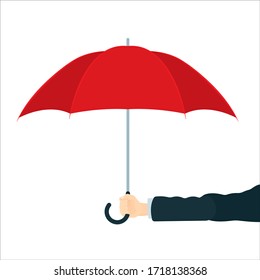 Hand With Umbrella. Male Hand Holding Red Umbrella Vector Illustration. Insurance And Safety Concept Metaphor. Part Of Set.