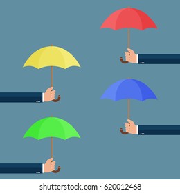 Hand with umbrella on blue background vector concept. Rain illustration in modern flat style. Color picture for design web site, web banner, printed material. Umbrella icon. 